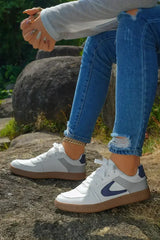 Navy Blue PU Leather Lace Up Sneakers - Femstylo