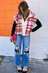 Rose Sherpa Plaid Jacket Vest | Polyester Collared Vest - Femstylo