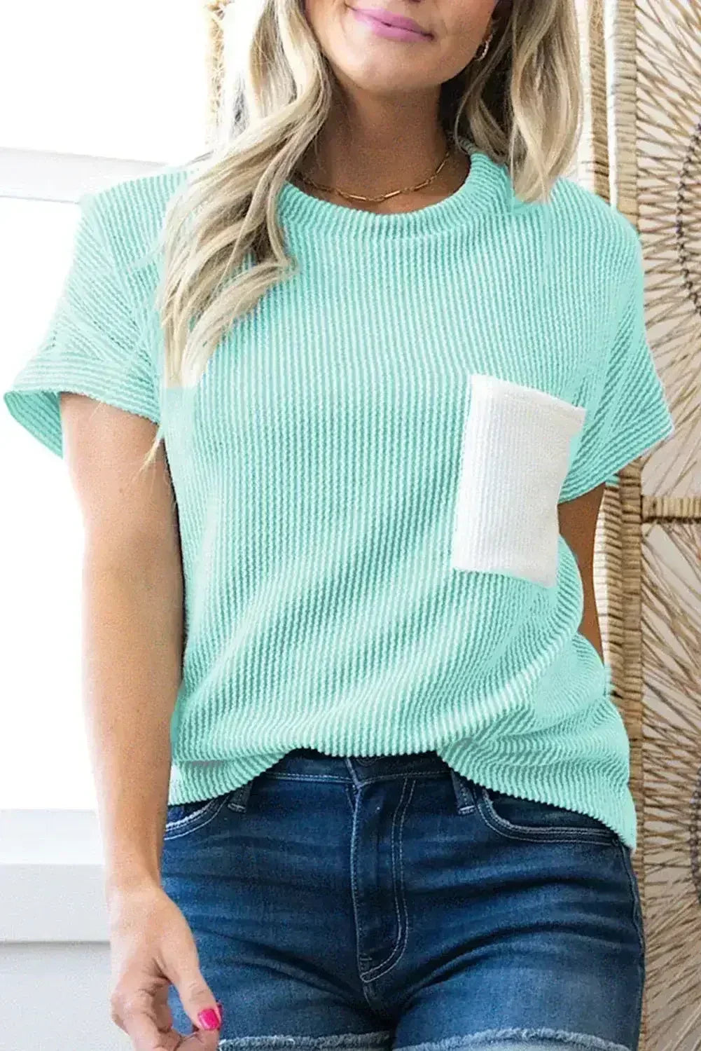 Pink Corded Colorblock Pocket Crew Neck T Shirt - Femstylo