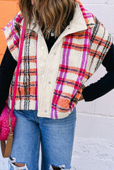 Rose Sherpa Plaid Jacket Vest | Polyester Collared Vest - Femstylo