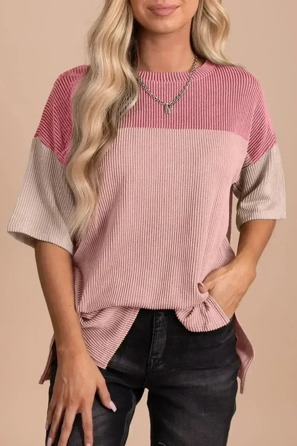 Black Color Block Ribbed Side Slits Half Sleeve Top - Femstylo