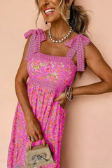 Green Floral Lace Tied Strap Empire Waist Maxi Dress - Femstylo