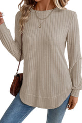 Ribbed Texture Round Neck Long Sleeve Rounded Hem Top