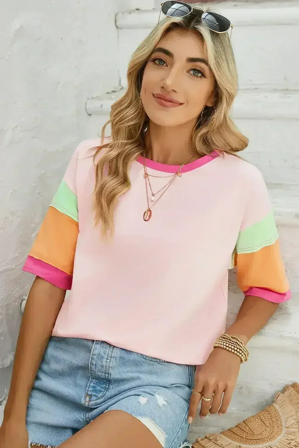 Light Blue Color Block Sleeve Round Neck Oversize Top - Femstylo