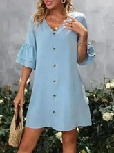 V-Neck Mini Dress – Ruffled Detail & Decorative Buttons - Femstylo