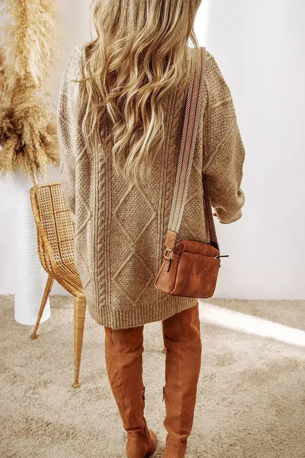 Parchment Cable Knit Drop Shoulder Loose Fit Sweater Dress - Femstylo