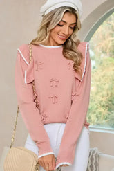 Light Pink Bow Detail Contrast Trim Ruffle Sweater - Femstylo