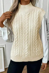 Cable Knit Sweater Vest – High Neck & Textured Oatmeal - Femstylo