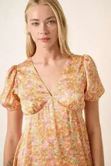 Mittoshop Printed V-Neck Puff Sleeve Mini Dress - Femstylo