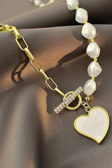 Gold Heart Shape Pendant Rhinestone Pearl Chain Necklace - Femstylo