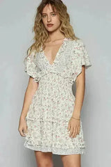 POL Cutout Back Frill Floral V-Neck Short Sleeve Mini Dress - Femstylo