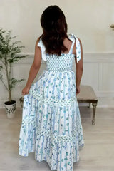 Sky Blue Floral Smocked A-Line Tie Straps Maxi Dress - Femstylo