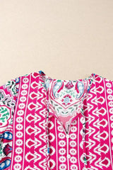 Pink Bohemian Tie Neck Flounce Sleeve Ruffle Hem Mini Dress - Femstylo