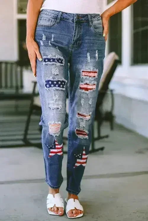 American Flag Patched Distressed Jeans - Femstylo