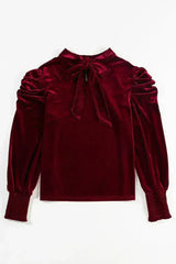 Fiery Red Velvet Blouse - Mock Neck & Puff Sleeves | Femstylo - Femstylo