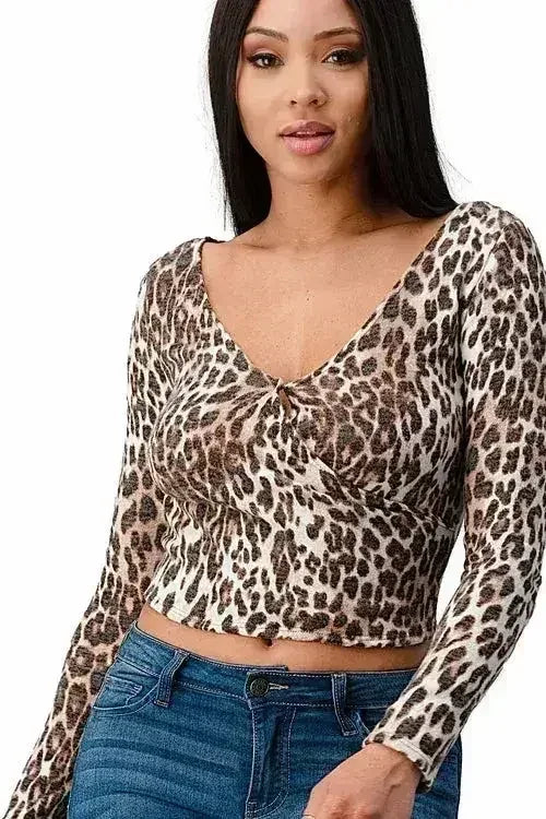 Fitted Long Sleeve V-Neck Crop Top with Ruched Front Detail - Femstylo