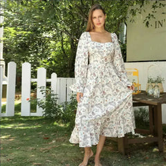 Women's Square Neck Long Sleeved Printed Dress - Femstylo