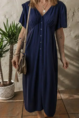 Navy Blue V Neck Buttoned Front Shirred Back Short Sleeve Midi Dress - Femstylo