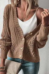 Dark Khaki Cardigan – Open Knit Drop Shoulder Sweater | Cotton-Acrylic Blend - Femstylo