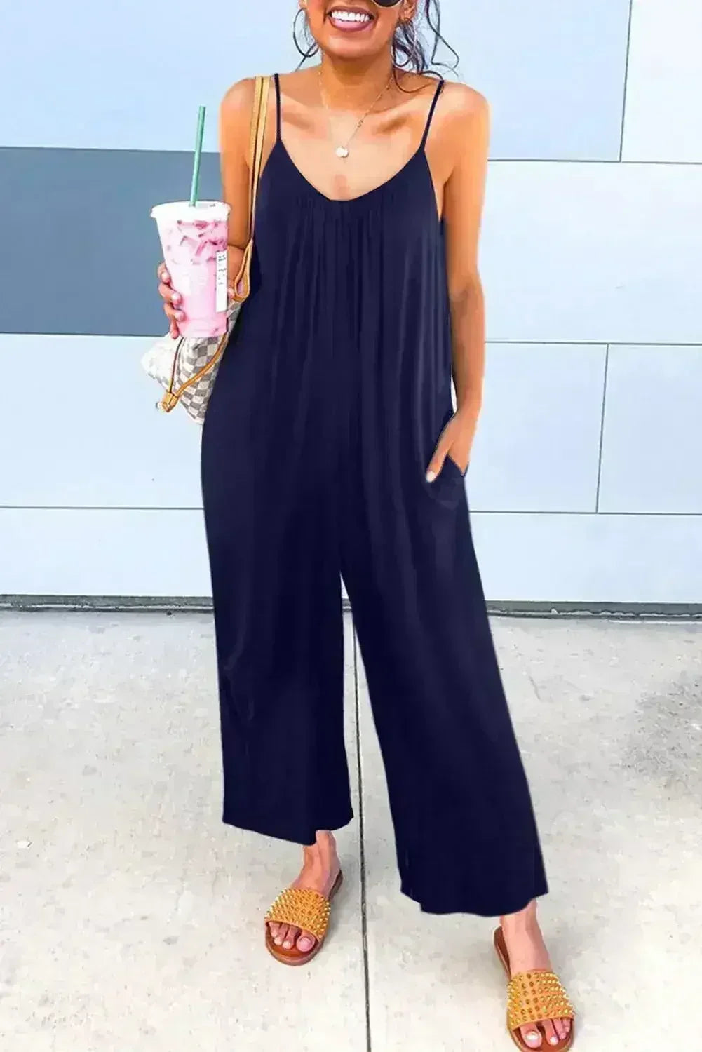 Casual Dark Blue Spaghetti Straps Pocketed Wide Leg Jumpsuits - Femstylo