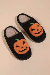 Black Halloween Pumpkin Print Plush Slippers - Femstylo