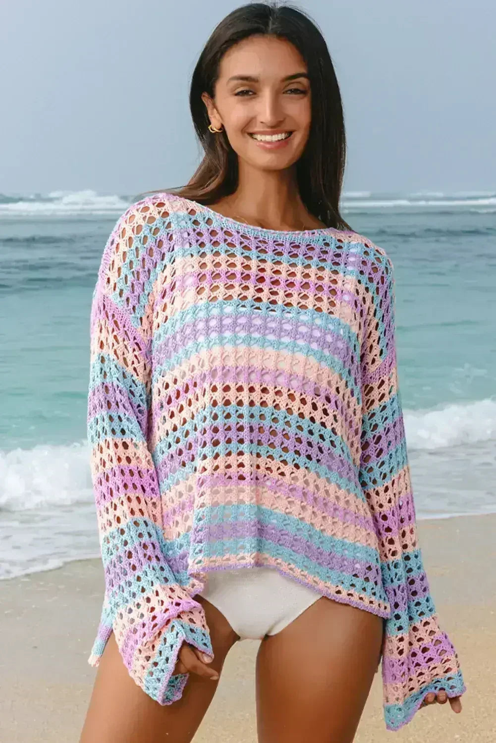 Purple Striped Hollow Knit Summer Beach Cover Up - Femstylo