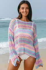 Purple Striped Hollow Knit Summer Beach Cover Up - Femstylo
