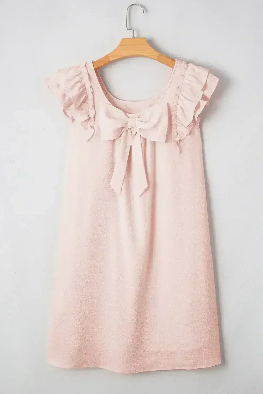Light Pink Textured Flutter Sleeve Square Neck Bow Back Mini Dress - Femstylo
