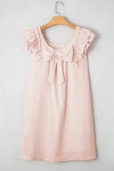 Light Pink Textured Flutter Sleeve Square Neck Bow Back Mini Dress - Femstylo