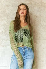 ADORA Crochet Long Sleeve Knit Cover Up with Big Pocket - Femstylo