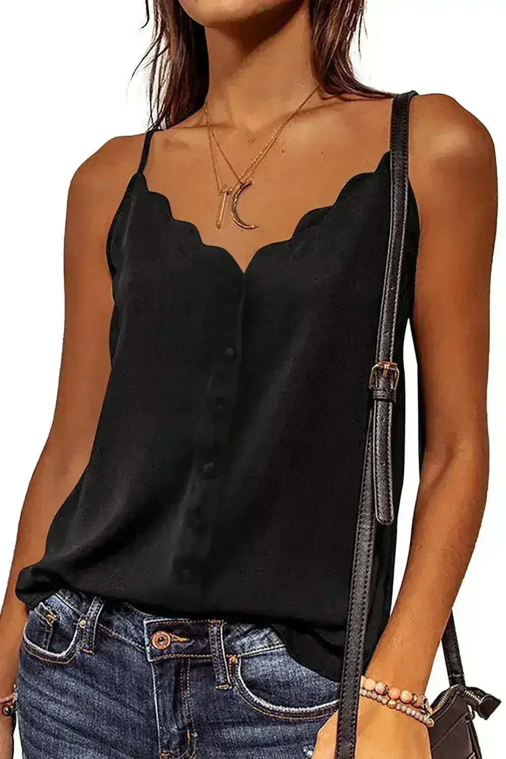 Black Spaghetti Straps Buttoned V Neck Vest - Femstylo