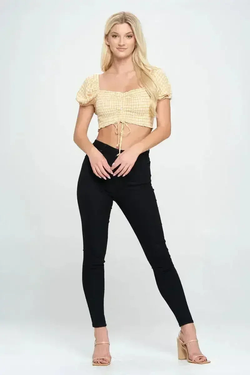 Gingham Smocked Crop Top with Puff Sleeves - Femstylo