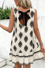 Beige Geometric Printed Sleeveless Hollowed Bowknot Back Mini Dress - Femstylo