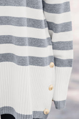 Gray Stripe Ribbed Buttoned Detail Drop Shoulder Tunic Sweater