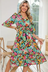 Green Boho Floral Puff Sleeve V Neck Tassel Drawstring Midi Dress - Femstylo