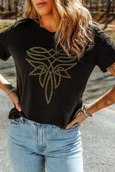Black Rhinestone Boot Stitch Pattern Printed Cotton Blend Tee