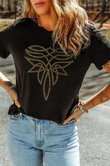 Black Rhinestone Boot Stitch Pattern Printed Cotton Blend Tee