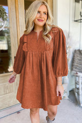 Cinnamon Split Neck Scallop Detail Pleated Corduroy Mini Dress