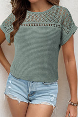 Mist Green Hollow Patchwork Waffle Knit Top