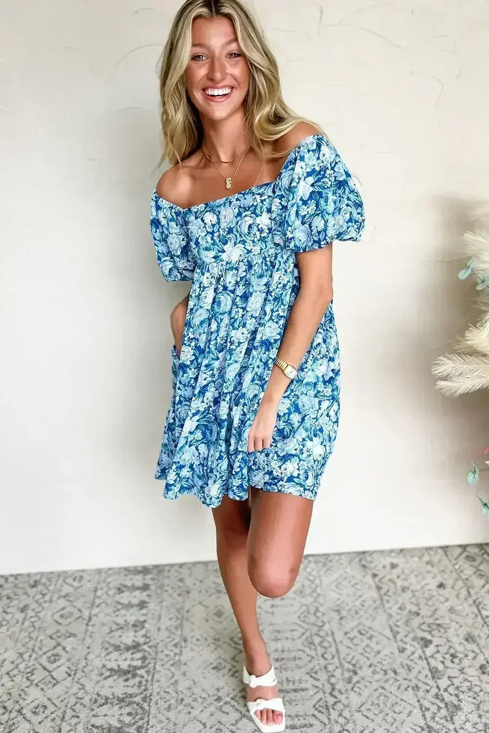 Blue Floral Puff Sleeve Babydoll Mini Dress - Femstylo