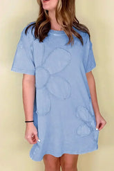 Sky Blue Mineral Wash Flower Patchwork Mini T Shirt Dress - Femstylo