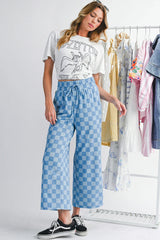 Sky Blue Tie Elastic Waist Checkered Loose Pants