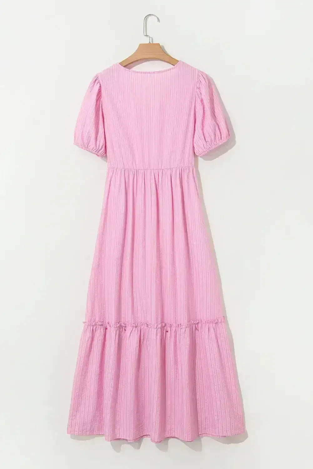 Pink Striped V Neck Puff Sleeve Frill Tiered Maxi Dress - Femstylo