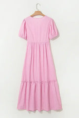Pink Striped V Neck Puff Sleeve Frill Tiered Maxi Dress - Femstylo