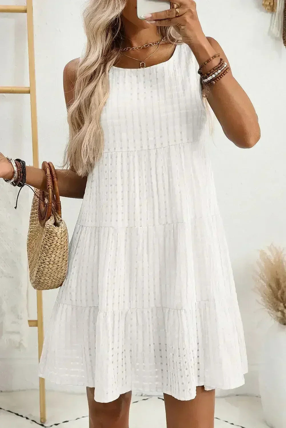 Light Blue Gingham High Waist Sleeveless Mini Dress - Femstylo