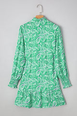 Green Paisley Print Long Sleeve Button Front Tied Waist Mini Dress