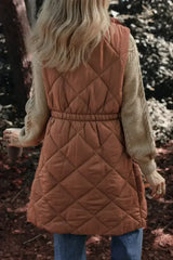 Coffee Puffer Quilted Stand Collar Pocketed Vest Coat - Femstylo