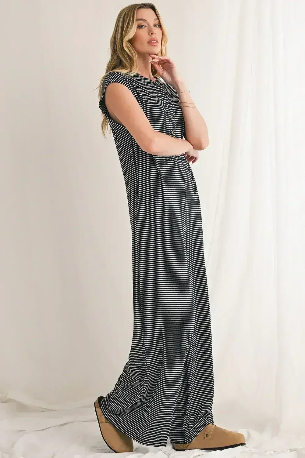 Black White Striped Button Sleeveless Jumpsuit - Femstylo