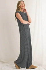 Black White Striped Button Sleeveless Jumpsuit - Femstylo