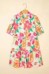 Green Floral Puff Sleeve Buttoned Babydoll Dress